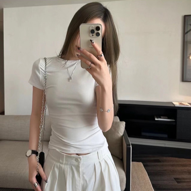 漫画身材白色正肩T恤女运动夏季修身性感显瘦纯色纯欲风圆领上衣