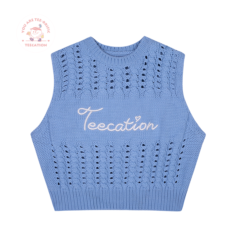 Teecation高尔夫运动休闲定制logo蓝色镂空毛背心马甲T23091