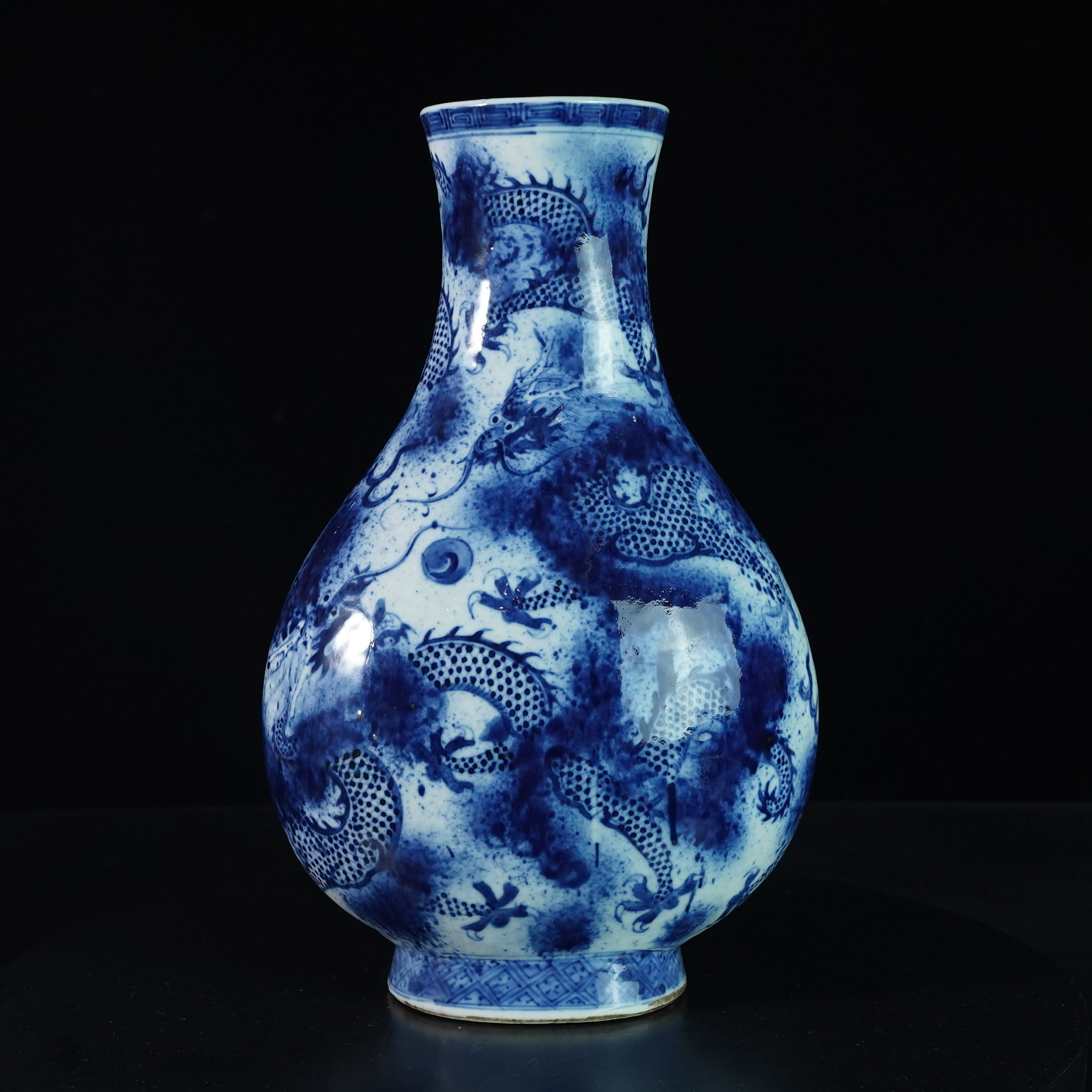 LLL250121003【十竹斋】清光绪云龙三现青花琵琶尊