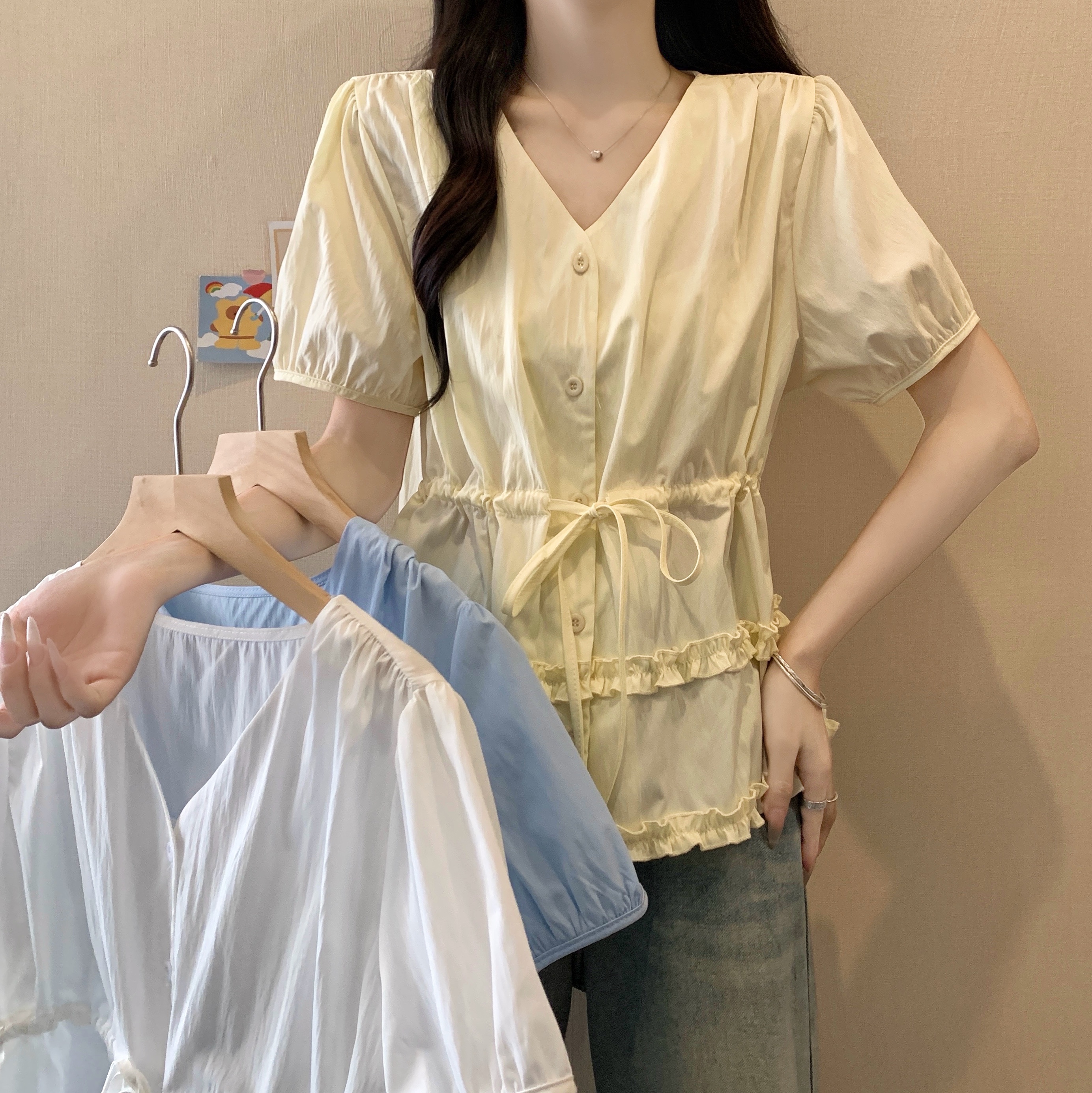 2025年胖mm大码女装夏季新款时尚法式休闲百搭木耳边收腰短袖衬衫