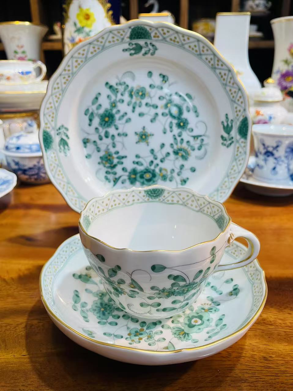 中古欧瓷梅森Meissen绿色印度繁花下午茶咖啡杯红茶杯大杯一等