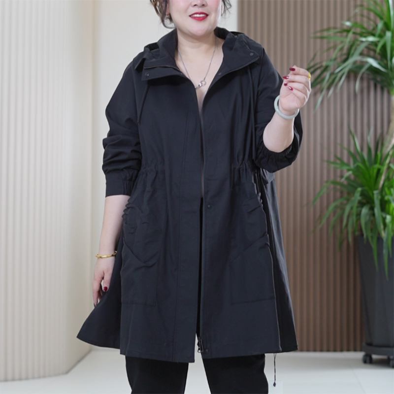 机能棉都市轻户外风衣女大码显瘦弹力收腰百搭中长款连帽秋季外套