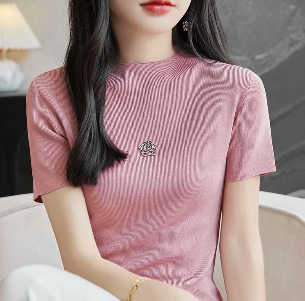 【深圳南油美美家】夏日独特山茶花短袖T恤夏季新款百搭显瘦女A2148