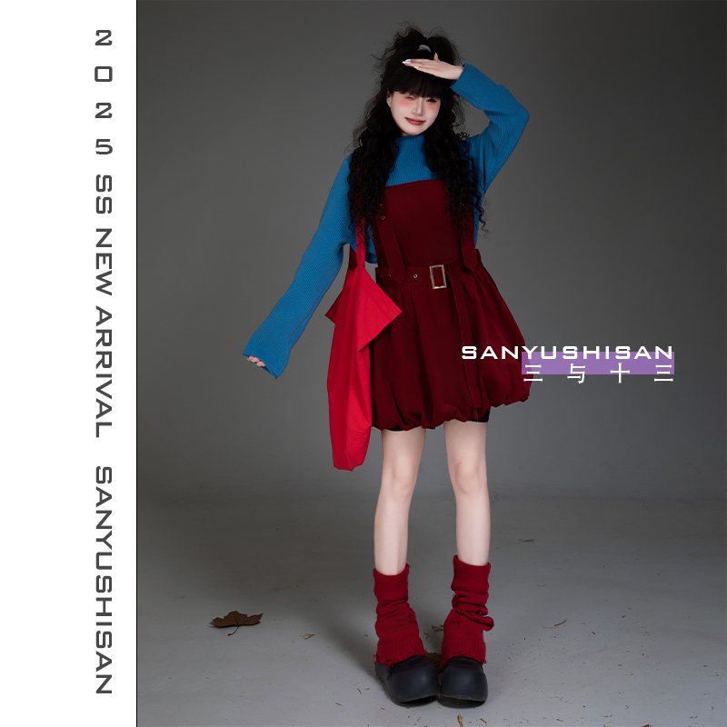 三与十三|樱桃波波|森系复古甜辣收腰显瘦吊带短款花苞背带裙