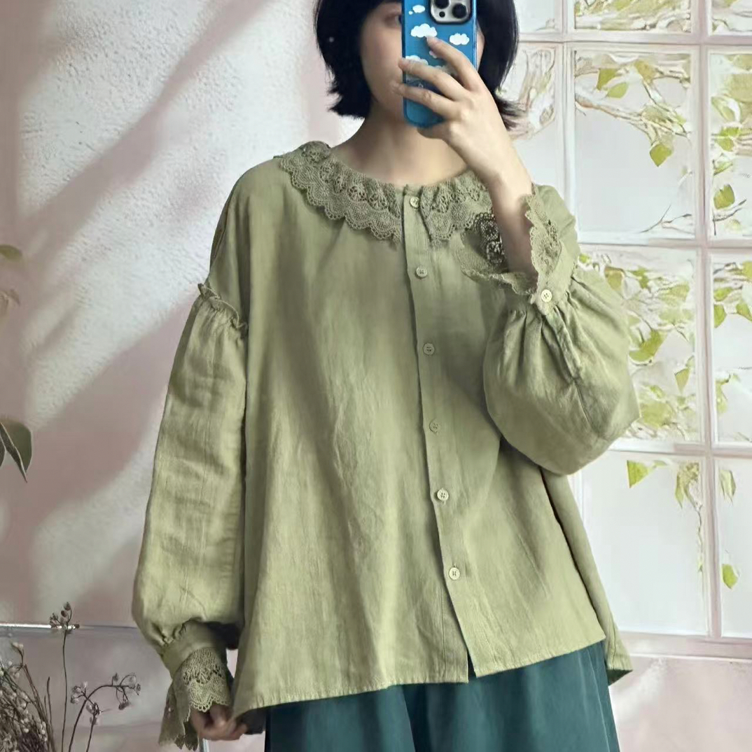 日系 苎麻纯色复古宽松百搭显瘦长袖衬衫女打底外穿法式风格