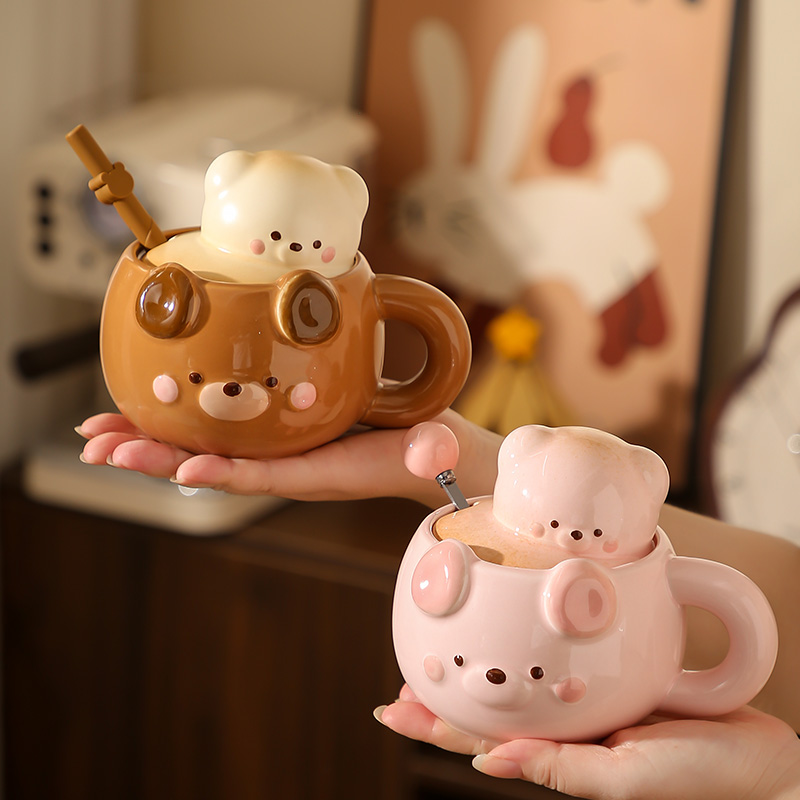 可爱萌趣小熊吸管陶瓷马克杯高颜值生日礼物【潮流带盖勺】情侣水杯