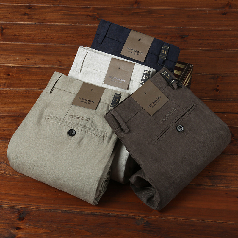 100%原麻料休闲裤男薄款夏季降温排汗纯亚麻宽松直筒朴素简约长裤