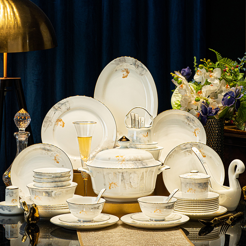 【6人位】荷塘鱼趣高颜值清新风碗筷盘乔迁新居送礼碗碟套装家用