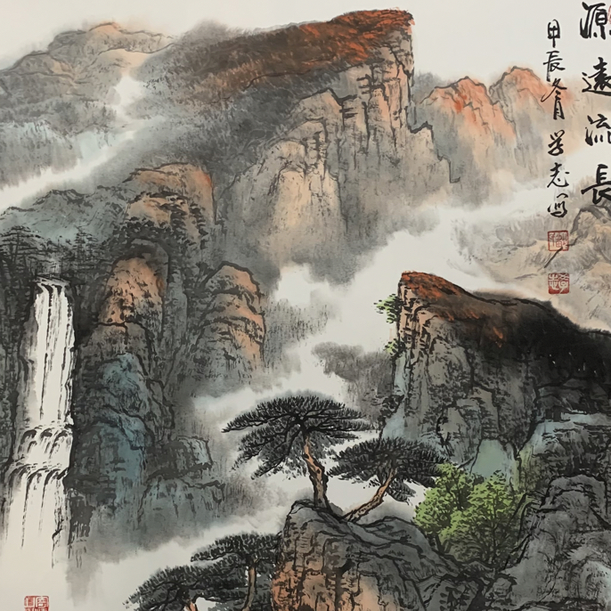 宣纸国画字画山水源远流长画心尺寸68X68已托心无框挂画山水画