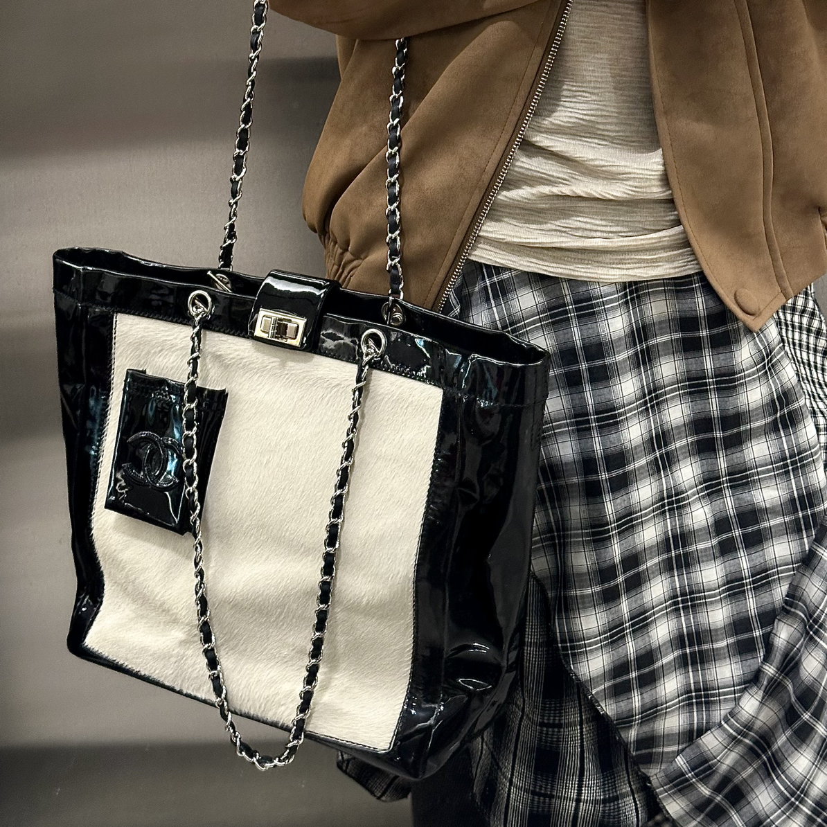 95新 Chanel/香奈儿 马毛穿皮链条2.55扣流浪托特