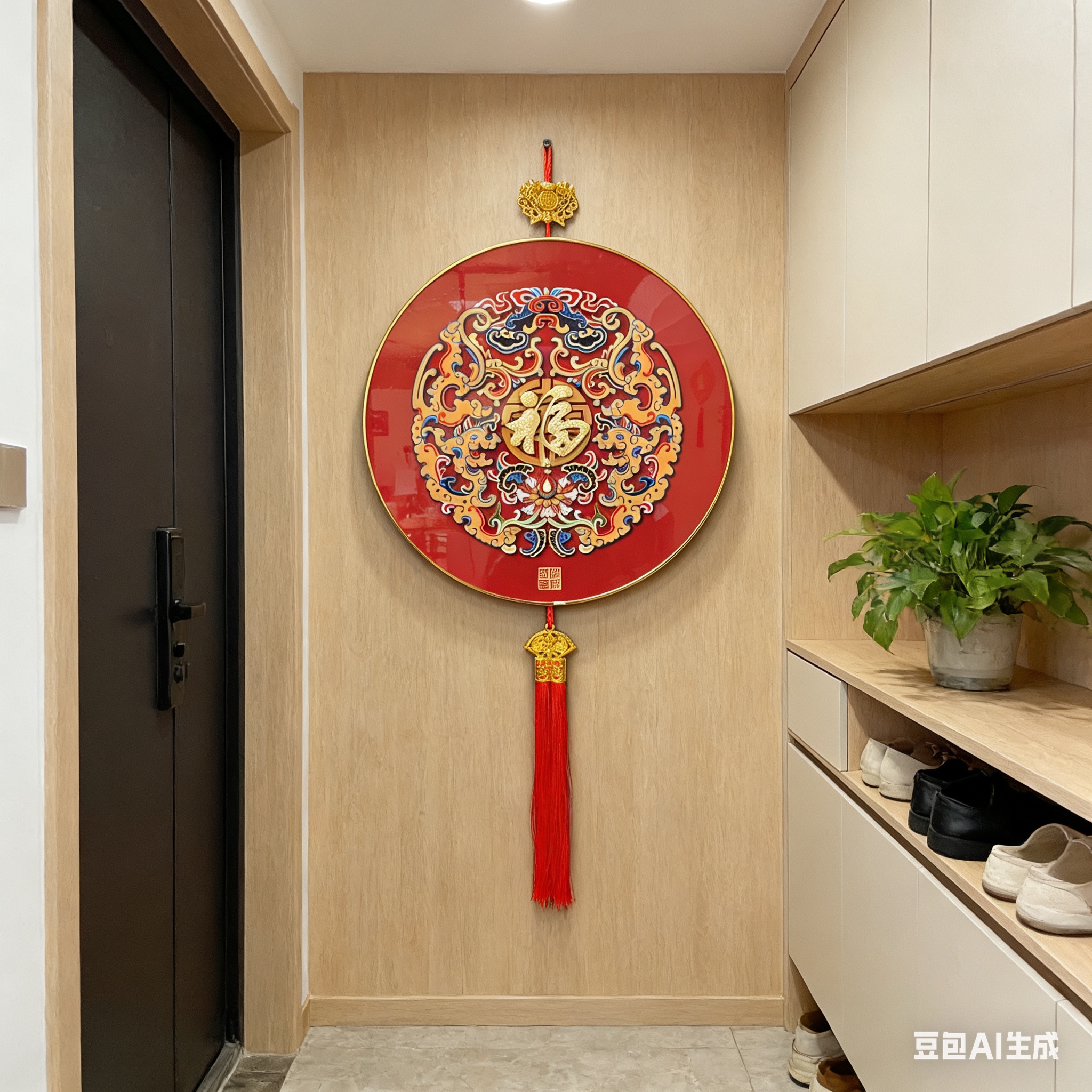 Y百福图装饰画红色福字圆形挂画吉祥如意客厅入户玄关挂画H3