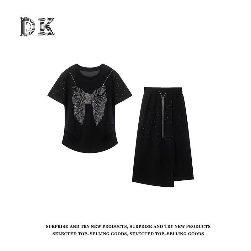 DK 2025夏季 女装重工烫钻蝴蝶结褶皱上衣不规则半身裙套装 69070