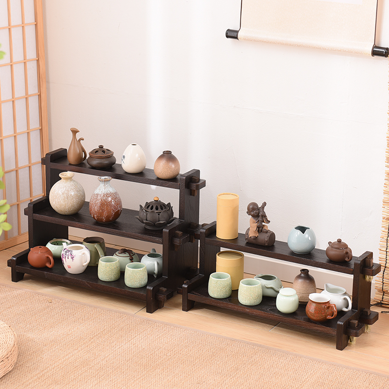 桌面收纳架茶架茶杯架实木博古架茶棚架置物架茶壶杯托架垫
