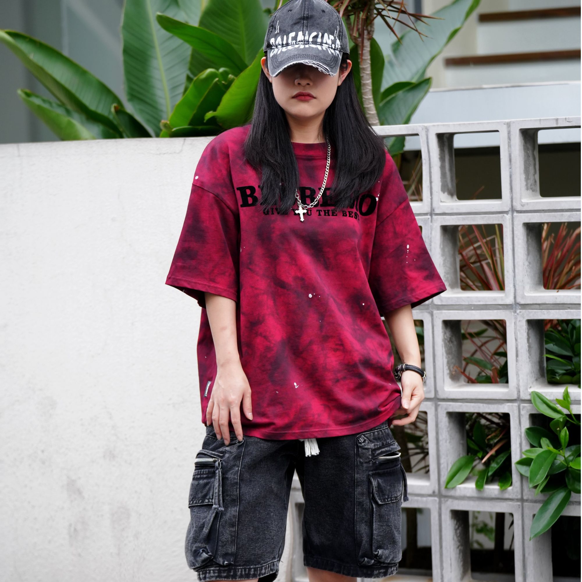 JDM潮牌红色上衣男女2024宽松印花百搭T恤美式复古慵懒新款夏季