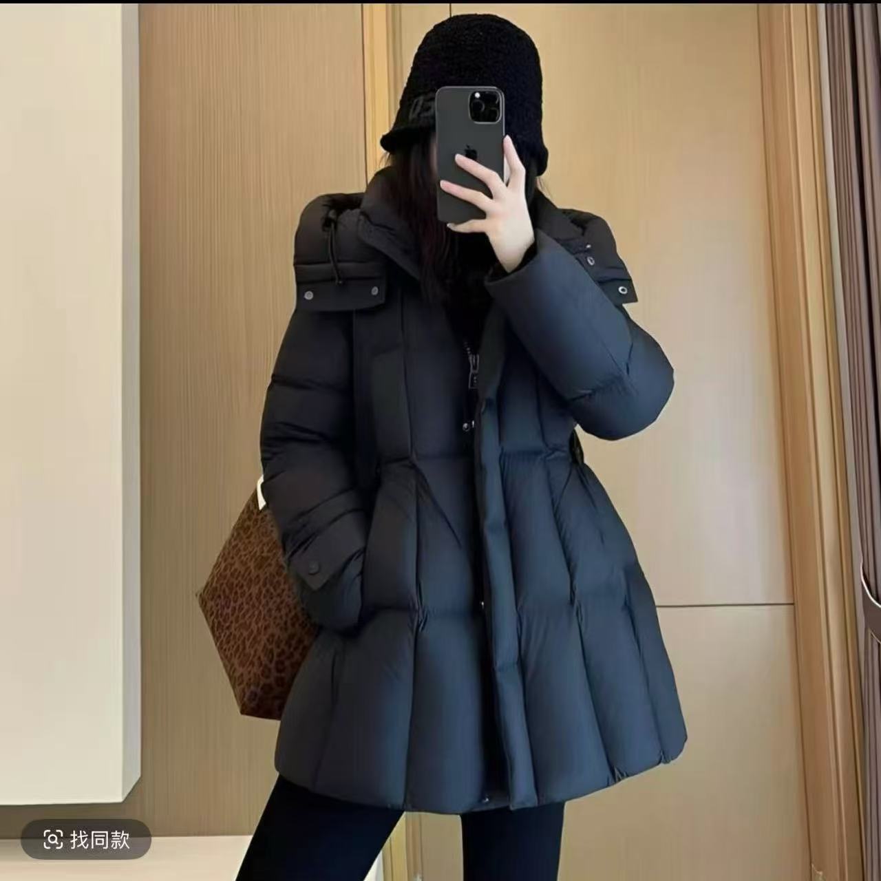 老钱风2025新款鹅绒服气质收腰修身显瘦连帽保暖羽绒服中长款