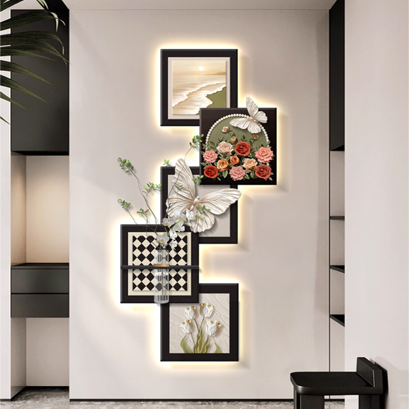 现代轻奢玄关装饰画水培绿植客厅入户过道背景墙挂画法式复古壁画