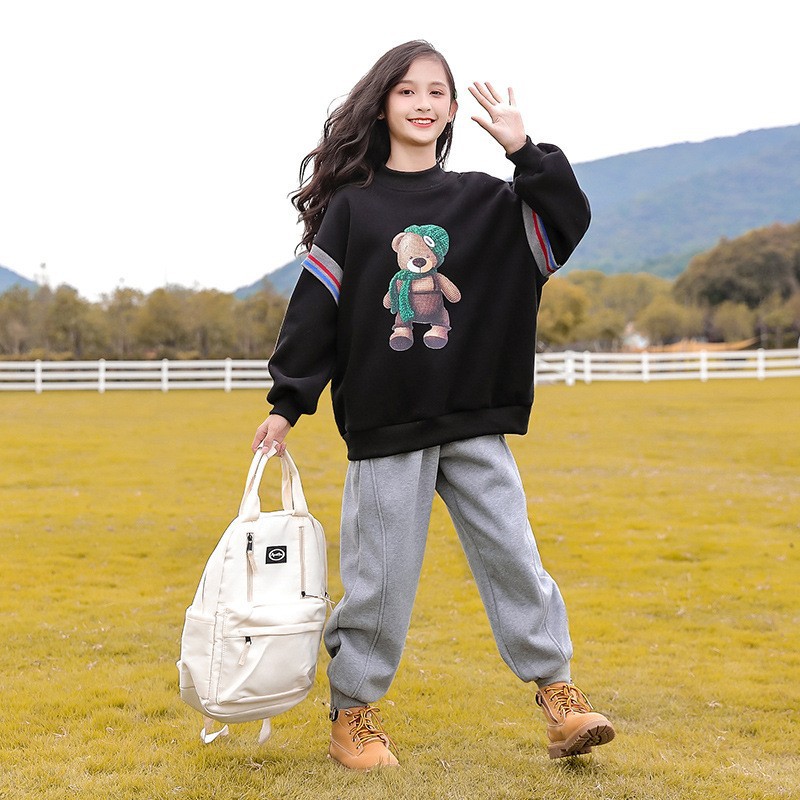 女童秋冬加绒加厚宽松休闲中领保暖卫衣中小童可爱小熊长袖上衣T