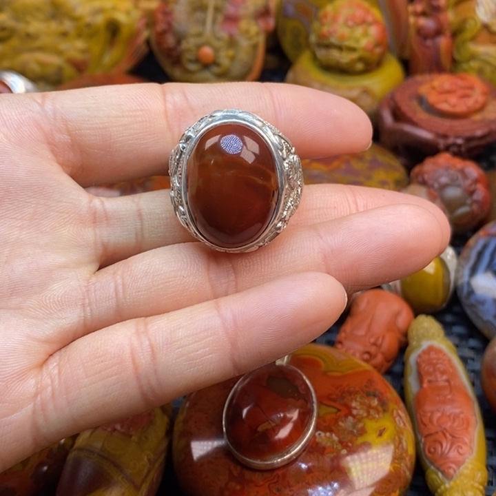 玛瑙/玉髓戒指银S925镀金镶嵌小*