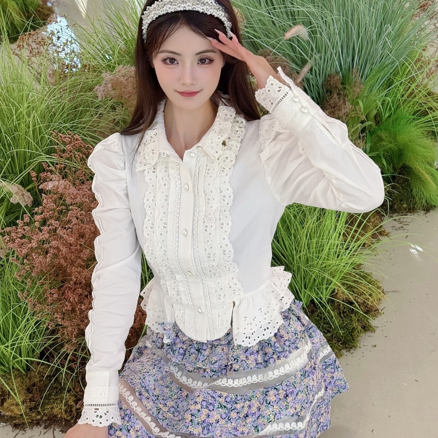 洛可可宫廷风白衬衫女 蕾丝刺绣泡泡袖短款衬衣
