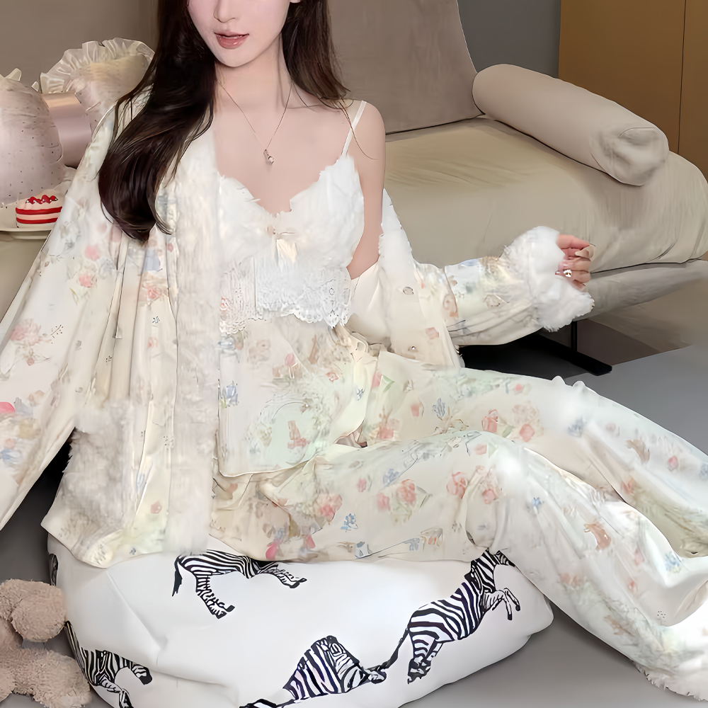 【小伊园】带胸垫秋冬季加绒长袖睡衣三件套优雅碎花双面海岛绒纯欲