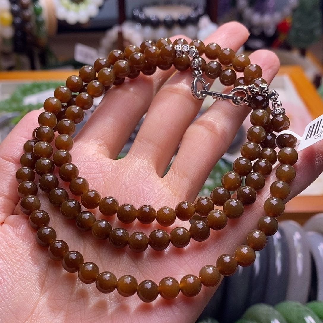 颈饰未镶嵌和田玉且末糖银镶项链6MM