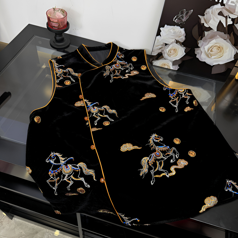 轻奢国风新中式女款拜年款墨曜丝绒玉堂春绽马甲镶边刺绣坎肩