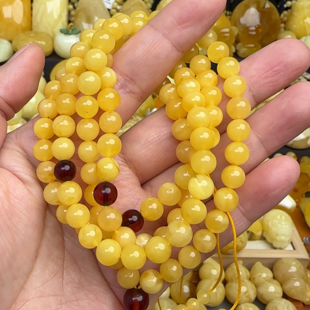 蜜蜡项链未镶嵌天然俄料鸡油黄蜜蜡108粒7.3毫米