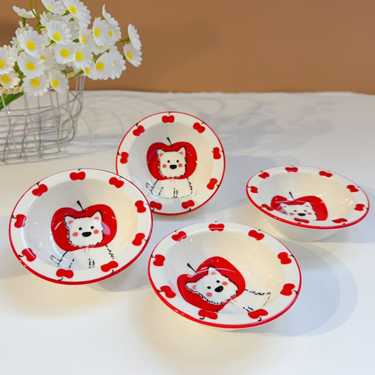 1398雪纳瑞苹果小狗蘸料碟4.5英寸四只装长11.2高3.5