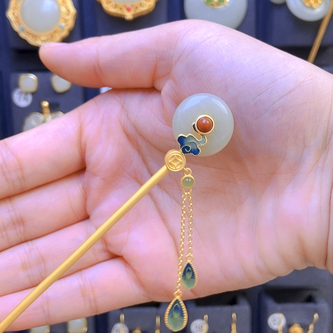 和田玉发饰银S925镀金镶嵌