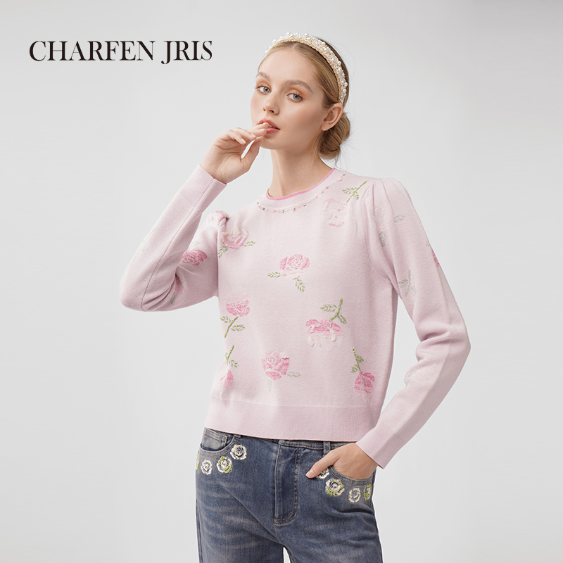 朝峰新款浪漫套头玫瑰提花毛织上衣FJE5E677-6097C