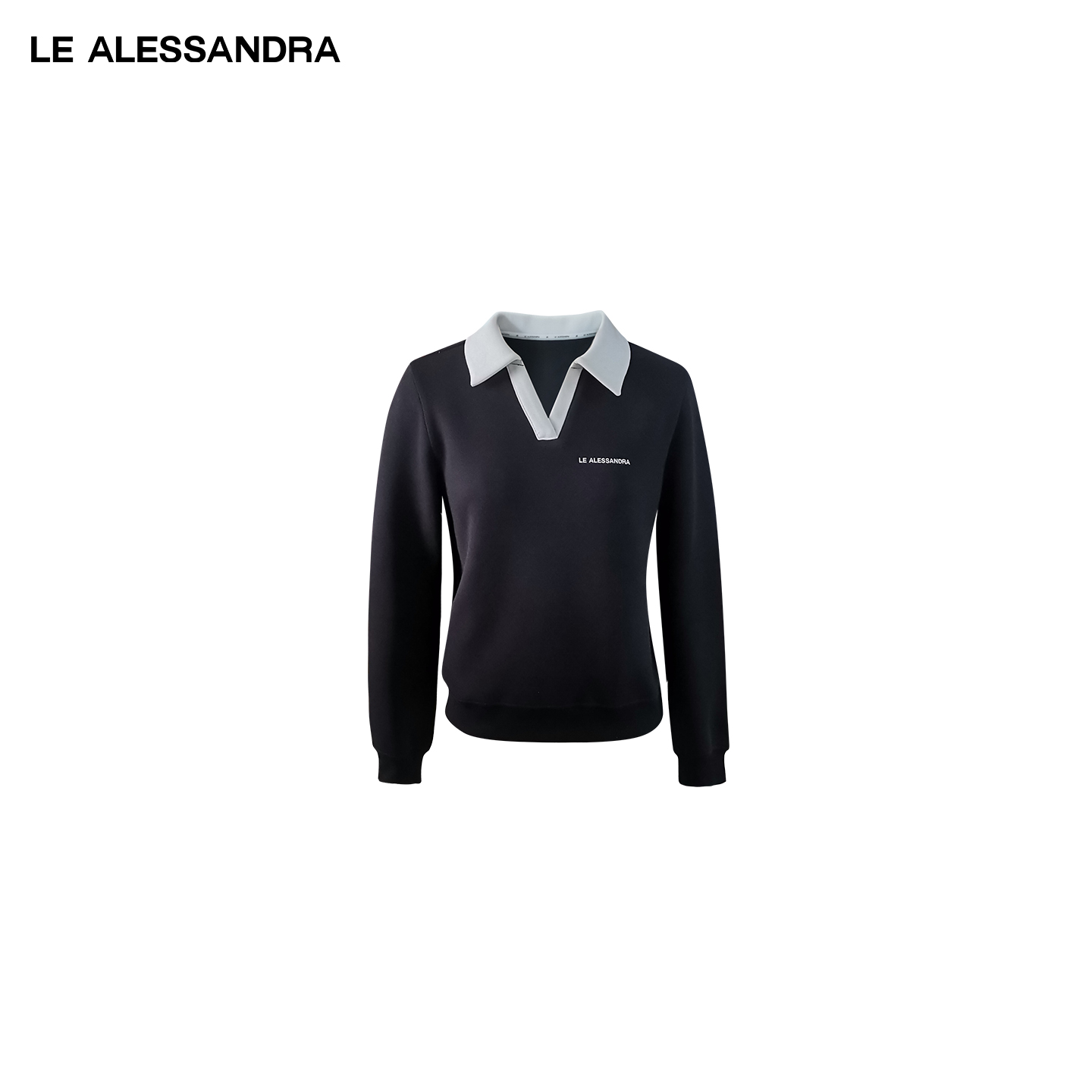 品牌直营 LE ALESSANDRA 黑白撞色空气亲肤POLO短款V翻领长袖卫衣