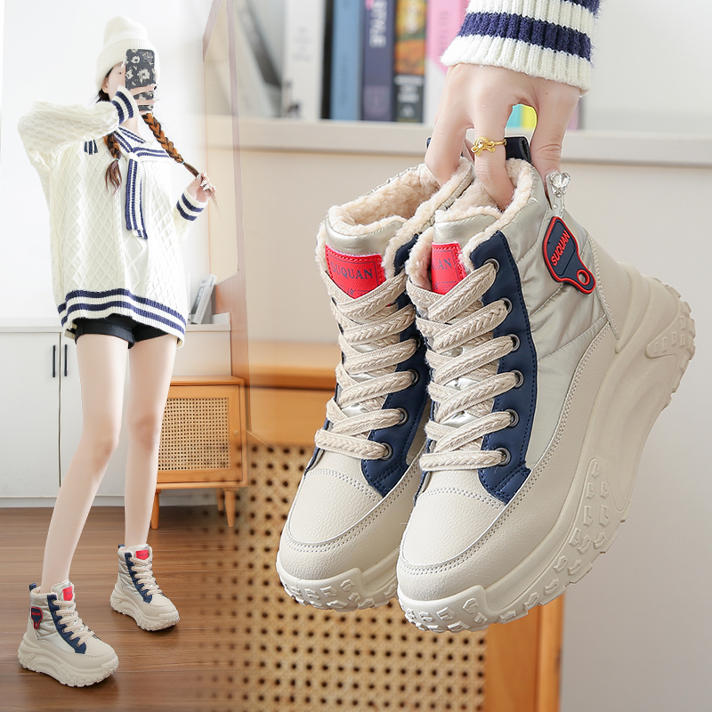 2024冬季新款皮面加绒加厚东北大棉鞋厚底老爹鞋高帮雪地靴女