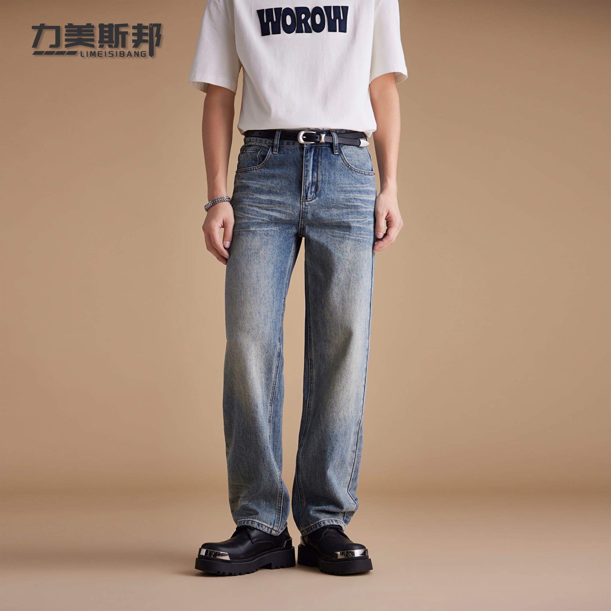 力美斯邦LM015宽松牛仔裤休闲秋冬幂式穿搭潮牌水洗美式复古裤子