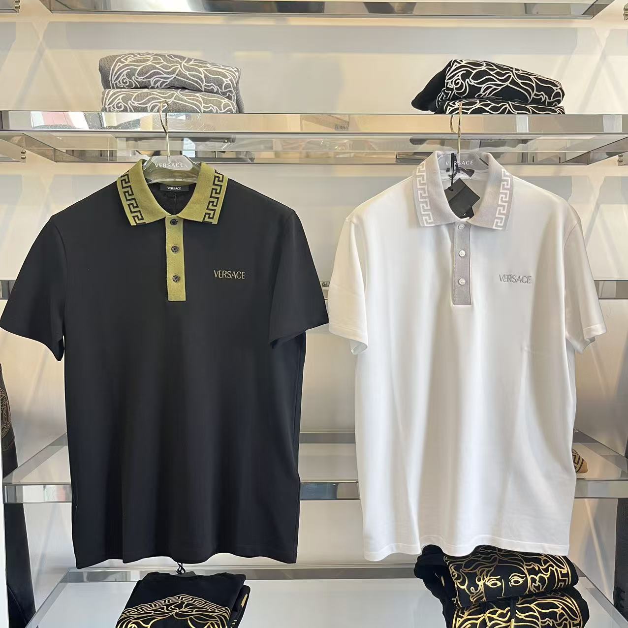 未使用 VERSACE/范思哲 男士回形纹拼色短袖Polo多色