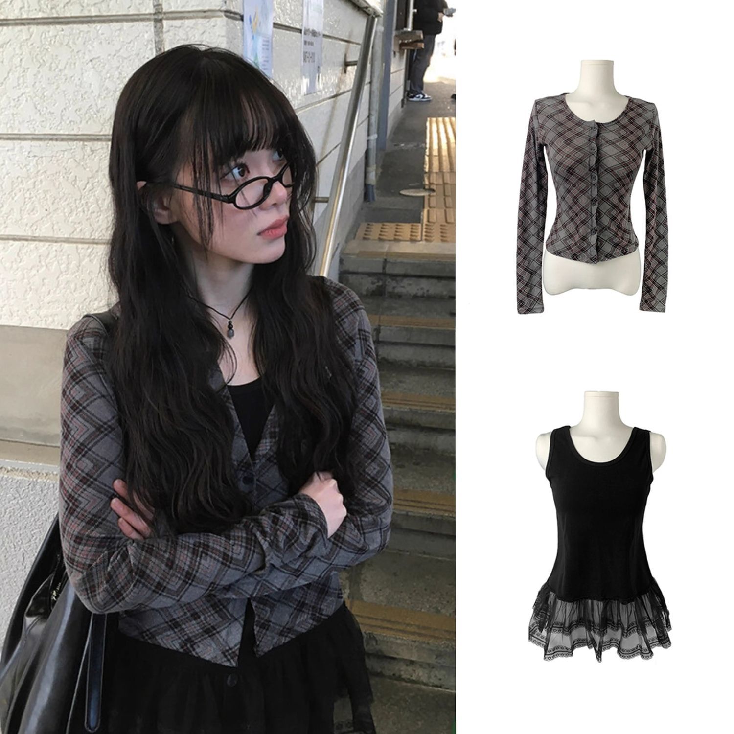 韩国小众复古格菱纹开衫无袖蕾丝拼接双层下摆背心两件套装女叠穿