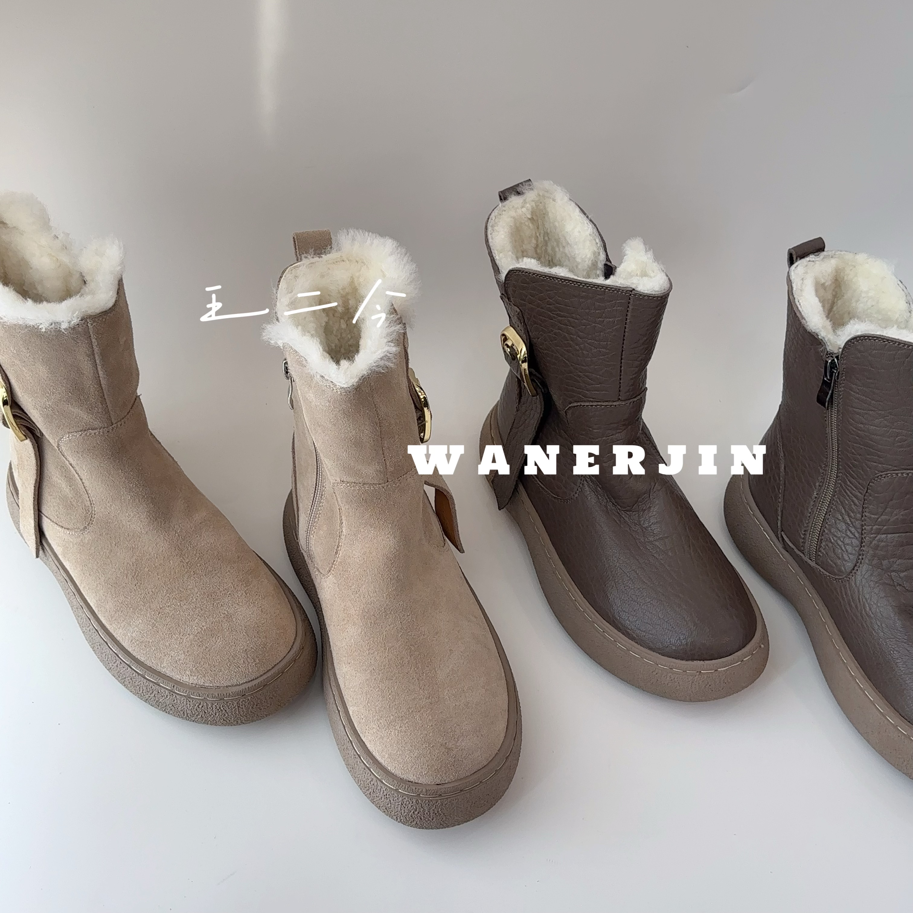 王二今/牛皮/4CM/厚底增高皮毛一体切尔西靴时装雪地靴休闲短靴女