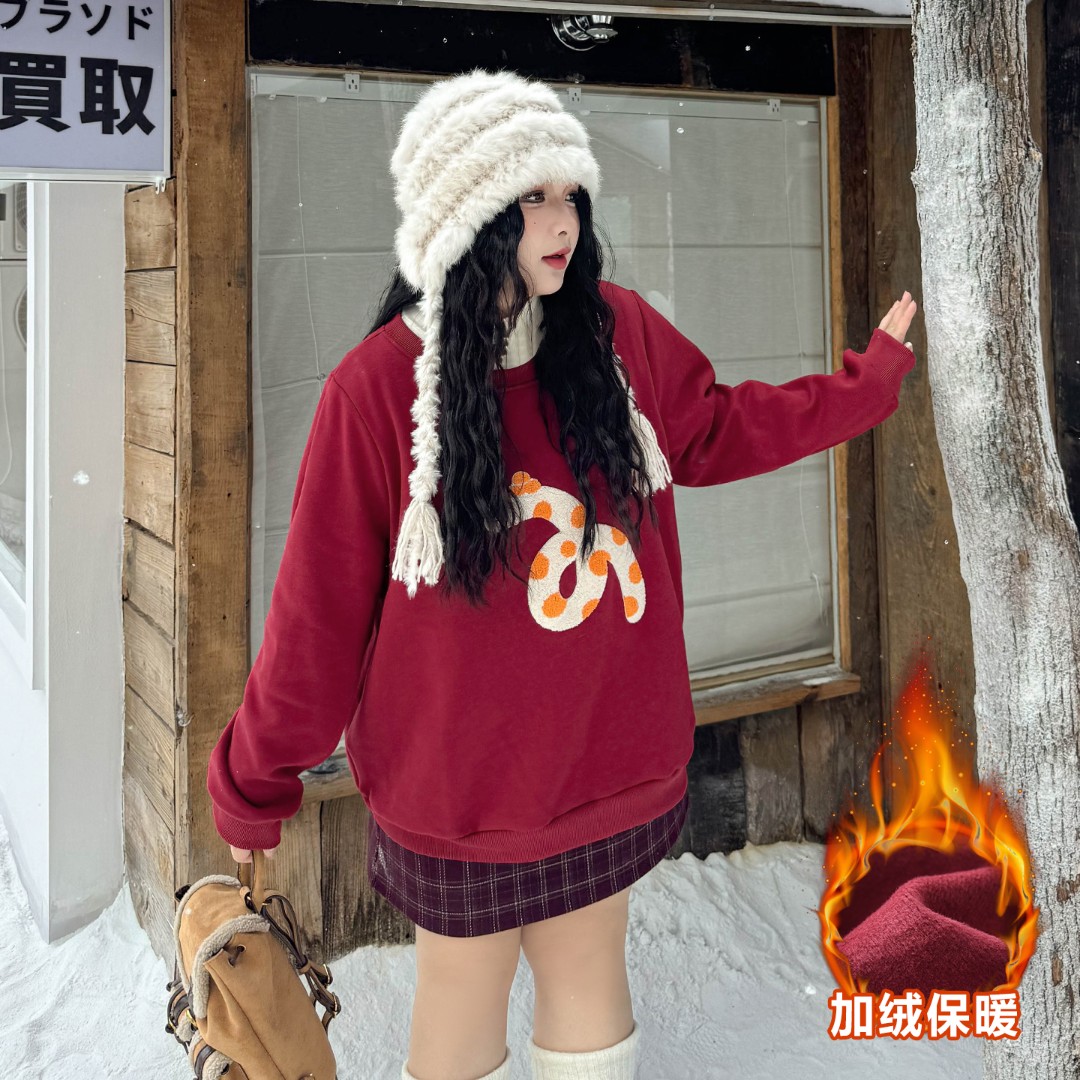 CD6731大码女装【新年红氛围感卫衣】秋冬季胖mm卡通毛巾绣加绒上衣