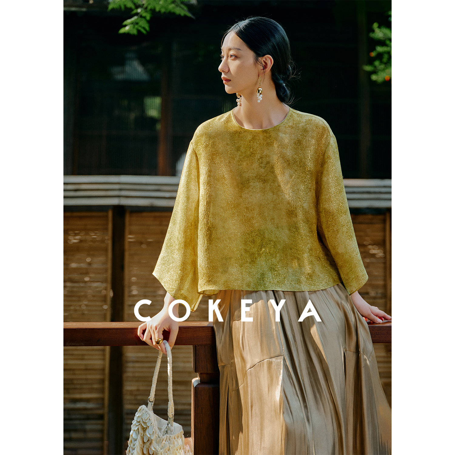COKEYA/东方美人~ 6A级金银绫纹绸桑蚕丝扎染落肩中式上衣