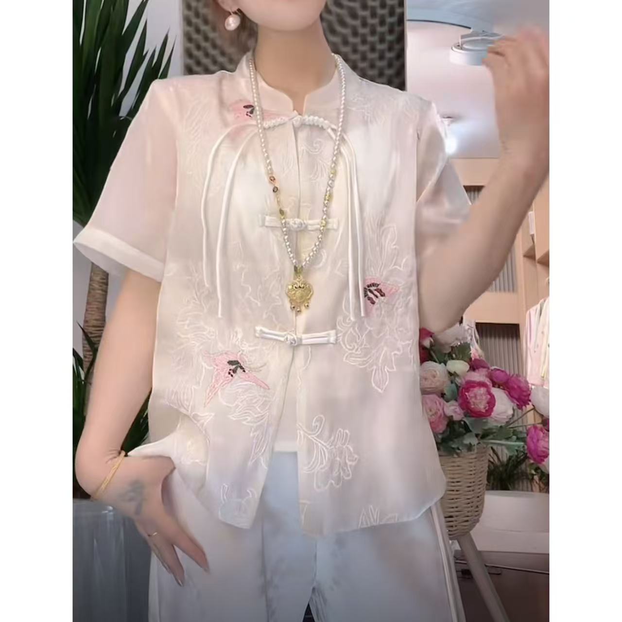 上衣国潮中式复古刺绣蝴蝶立领薄款短袖小衫夏季新中式时尚百搭