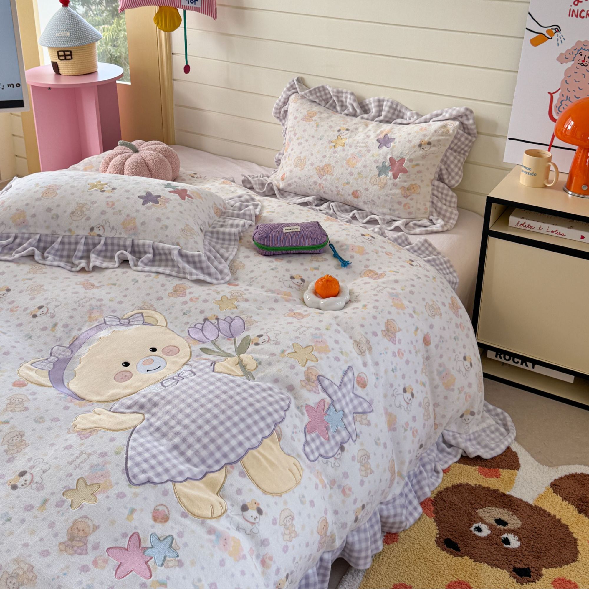 特! 小玲子  奶糖小熊 高克重全消光牛奶绒刺绣三件套四件套 