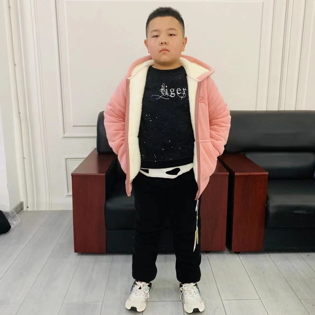 001儿童连帽海豚絾压缩复合棉保暖可外穿秋冬家居服套装