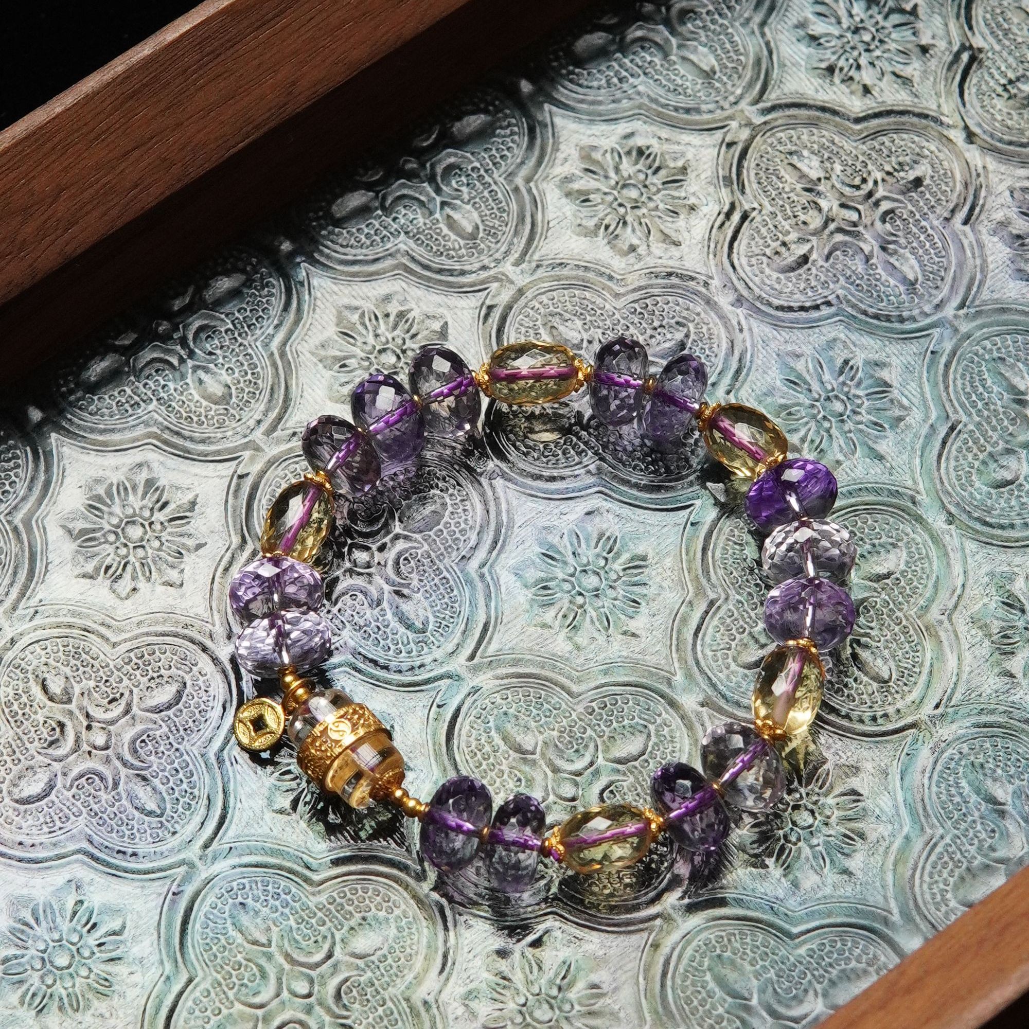 水起 天然紫水晶钻面切割5*9mm车轮珠单圈手串雕刻岁岁符单圈手串