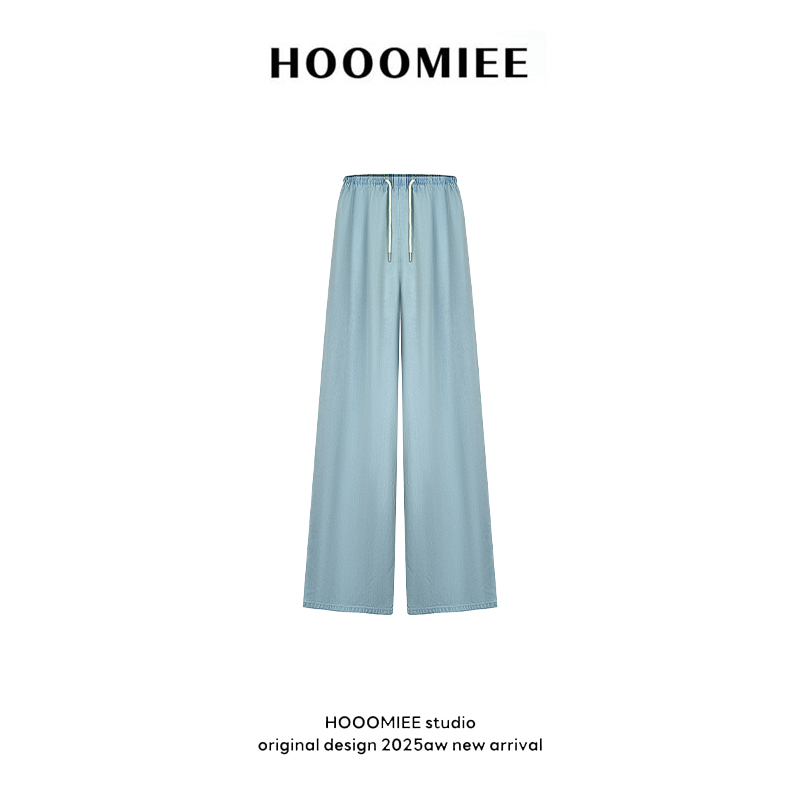 Hooomiee100莱赛尔天蓝色垂感柔软休闲裤夏季凉感松紧腰长裤9919