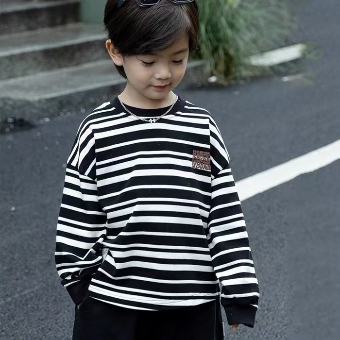 春季儿童条纹长袖T恤2025年男女童春秋洋气休闲上衣打底衫宝宝潮