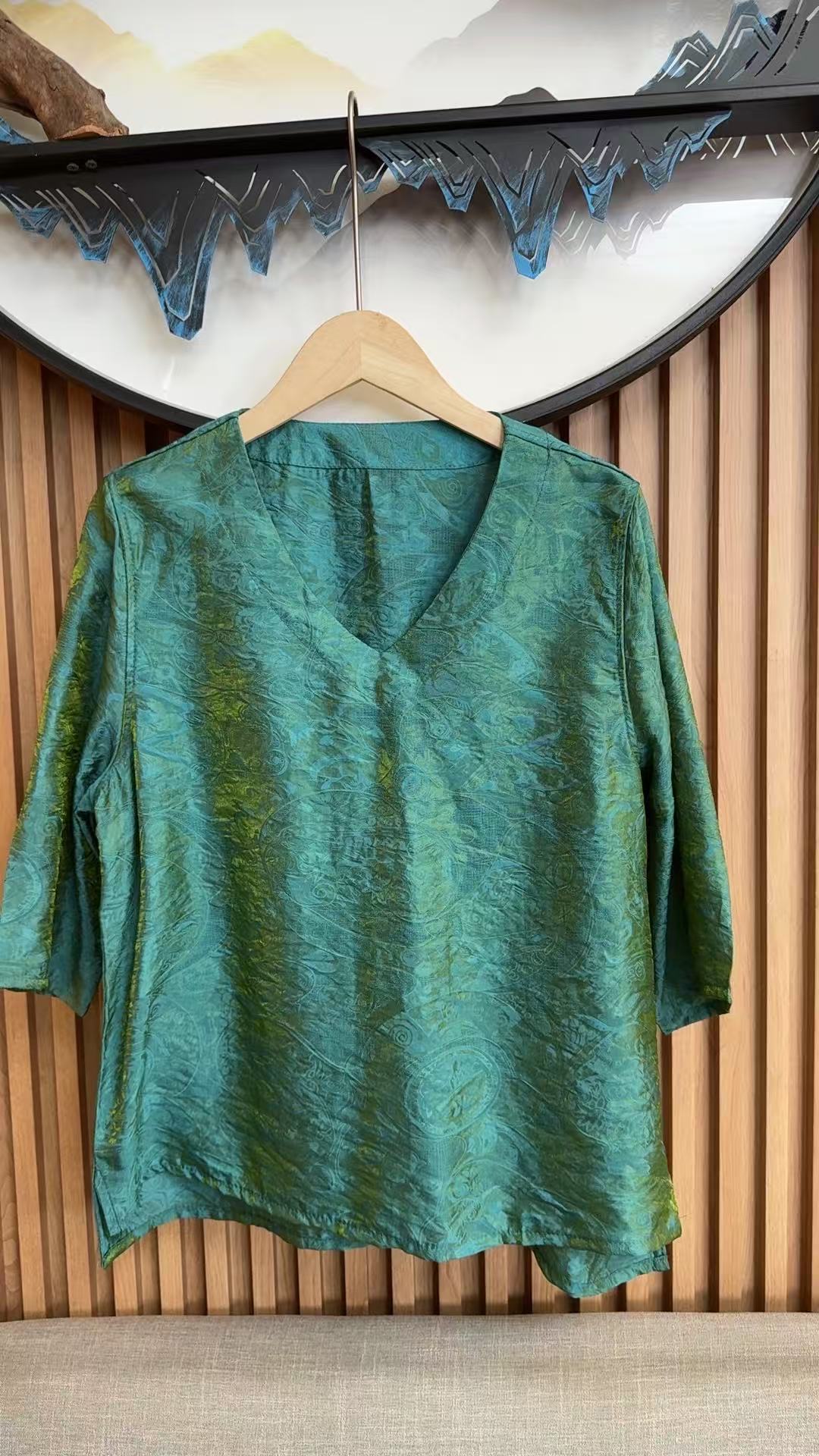 8340 短款新中式复古V领T恤夏季宽松型中袖短袖新潮风唐装