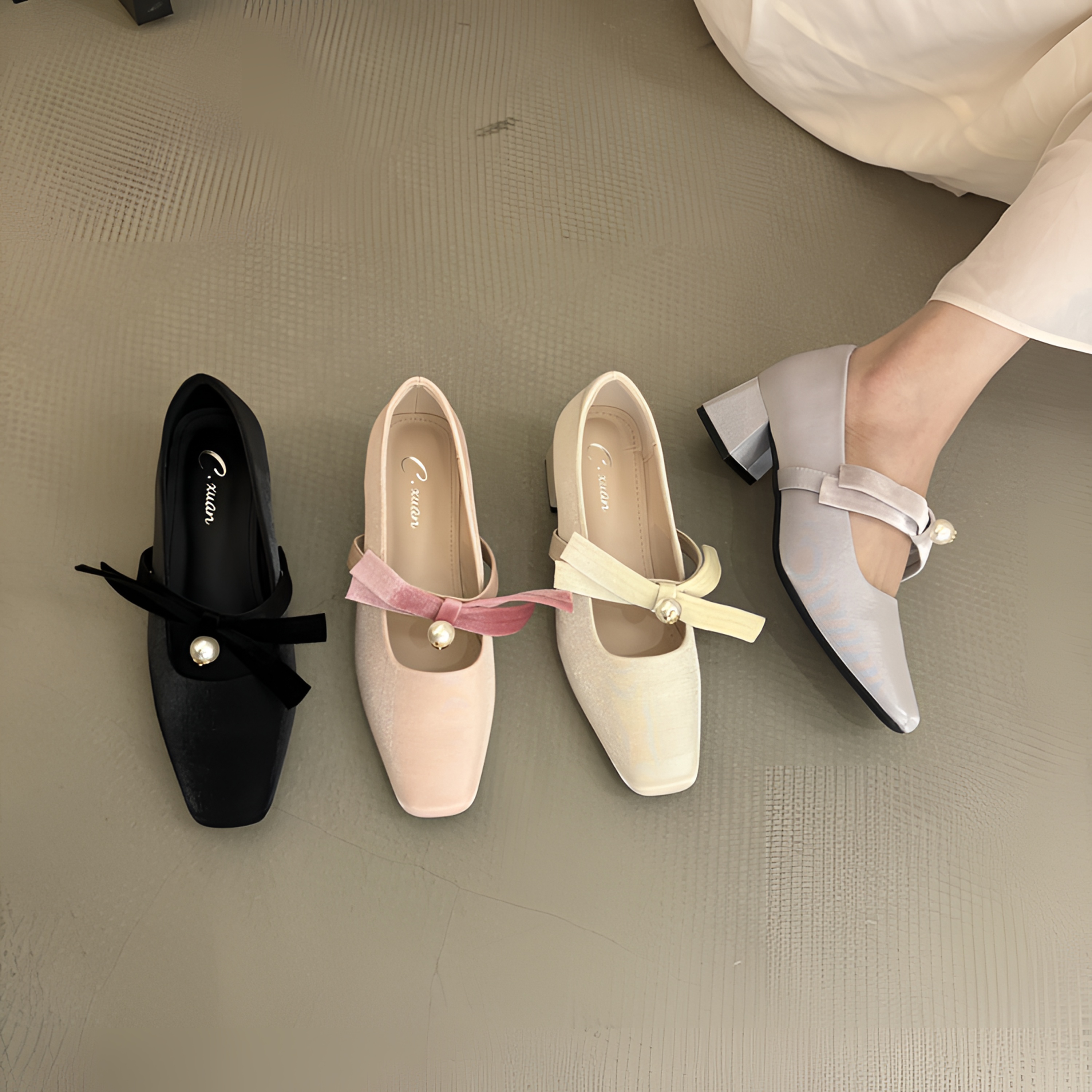 春夏方头珠光缎面蝴蝶结珍珠气质温婉玛丽珍粗跟高跟鞋单鞋5112-2