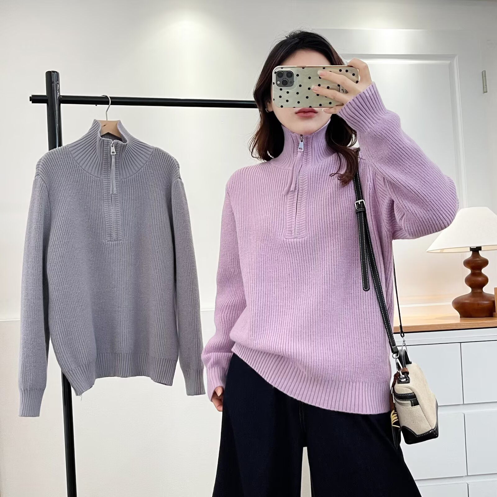 大码胖mm冬季半拉链立领加绒加厚针织衫女宽松显瘦内搭