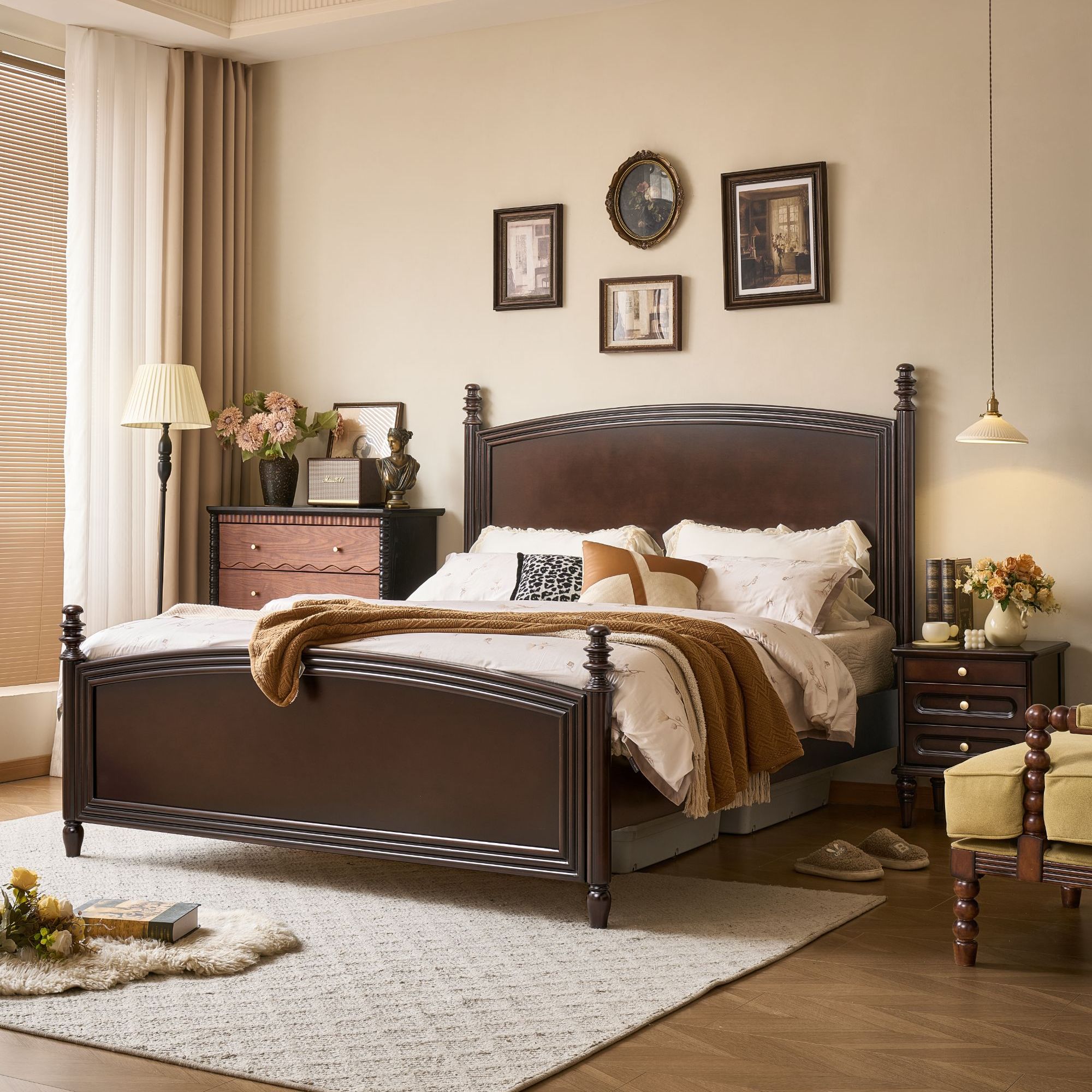 全实木床家用复古1.5米美式床双人床主卧色中古风床实木安娜床