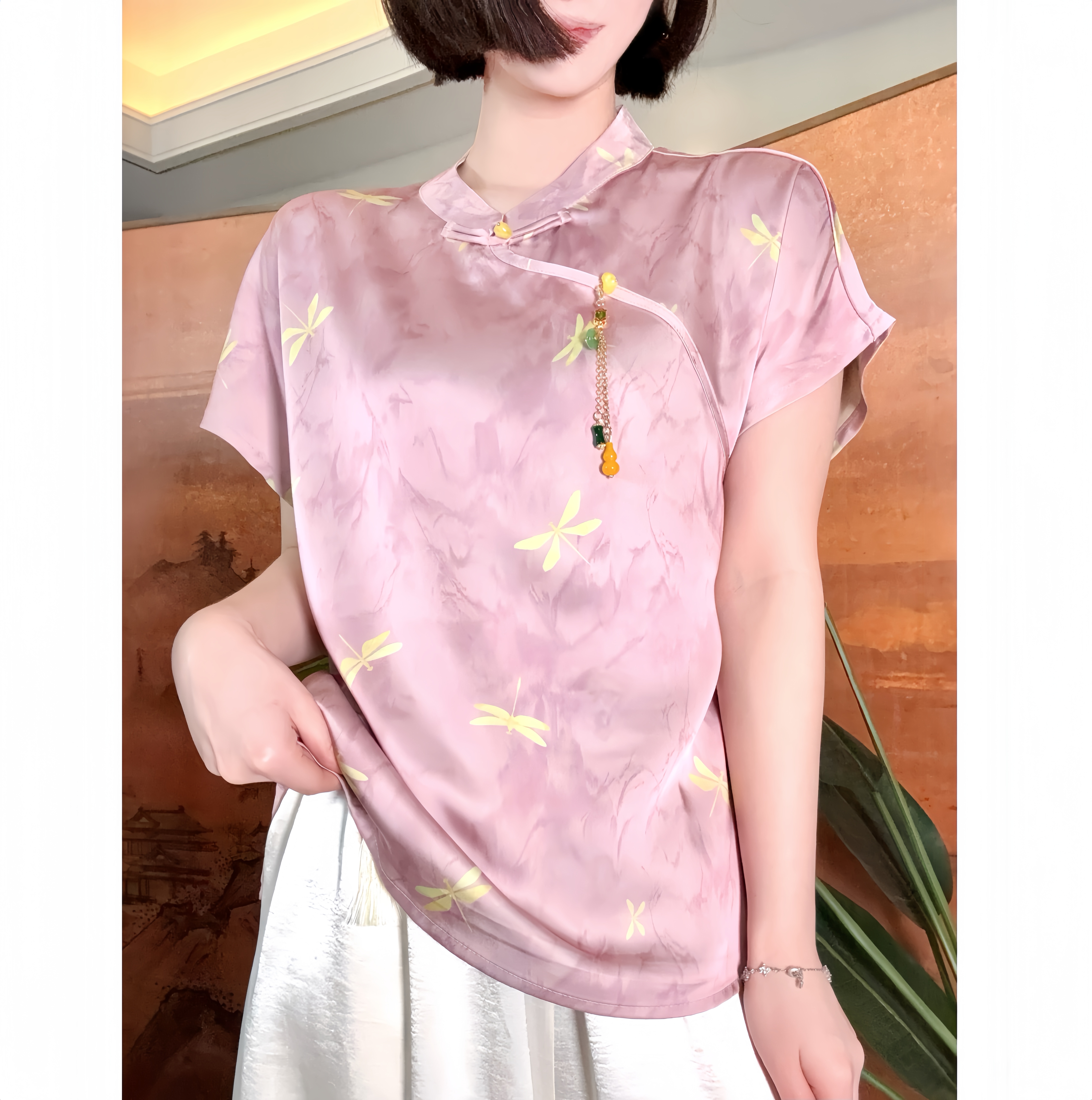 【竹蜻蜓】短袖显瘦飞飞袖宽松型复古时尚气质T恤立领优雅新中式