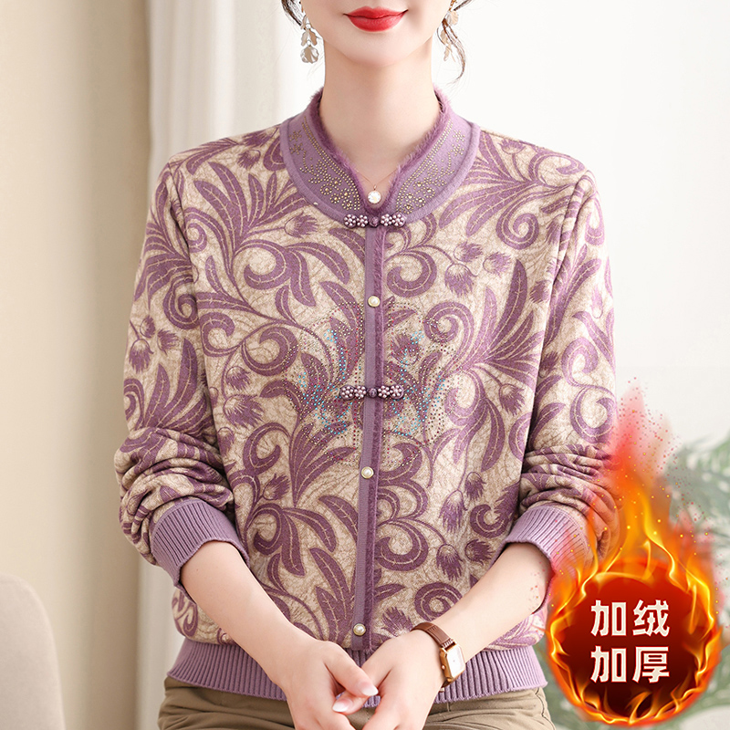 妈妈装冬季加绒加厚打底衫洋气中老年女装旗袍领保暖上衣奶奶衣服